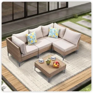 All-Weather Beige Wicker Patio Sectional Sofa Set with Coffee Table